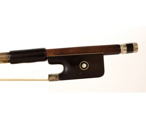 French silver mounted violoncello bow by and stamped H. Fleury, the stick round, the ebony frog inlaid with silver rings encl