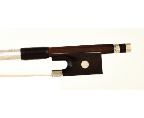 Nickel mounted violin bow stamped G. Clasquin, Paris, the stick round, the ebony frog inlaid with pearl eyes and the ebony ad