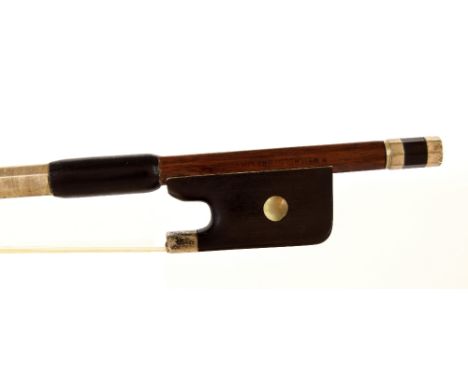 German silver mounted violoncello bow by and stamped R. Weichold Dresden, the stick octagonal, the ebony frog inlaid with pea