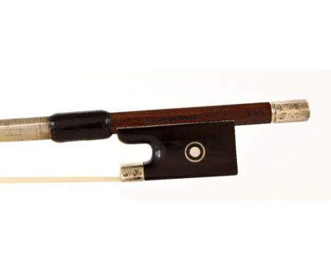 German silver mounted violin bow by and stamped Aug. Edwin Prager, also stamped B&S, the stick octagonal, the ebony frog inla