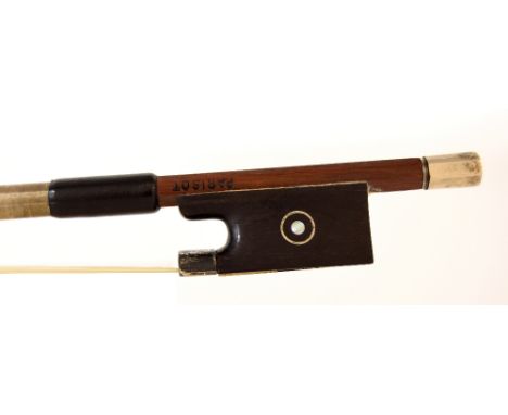 French silver mounted violin bow by and stamped Parisot, the stick round, the ebony frog inlaid with silver rings enclosing p