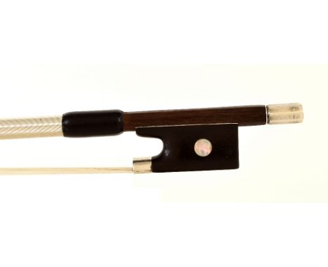 French silver mounted violin bow by and stamped Louis Bazin, the stick round, the ebony frog inlaid with pearl eyes and with 