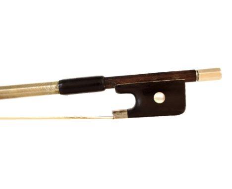 German silver mounted violin bow by and stamped R. Weichold Dresden, the stick octagonal, the ebony frog inlaid with pearl ey