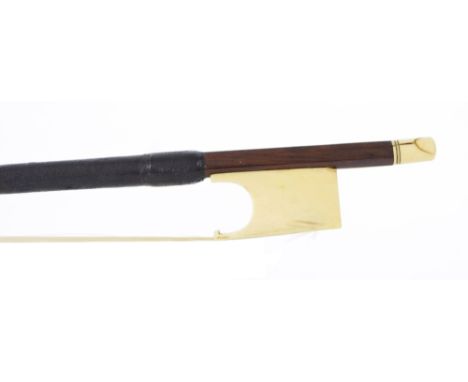 Good English ivory mounted violin bow circa 1780, the stick round, the ivory frog plain and with a cylindrical ivory adjuster