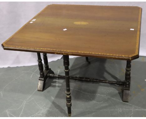 Edwardian mahogany drop leaf Sutherland table with lighter wood inlay with Pickfords label to underside, 95 x 90 x 61 cm H (o