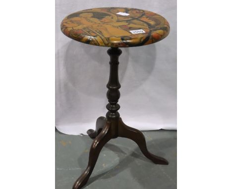 Late 19th/early 20th century tripod wine table, the top with poker work and painted figural decoration, D: 33 cm, H: 51 cm . 