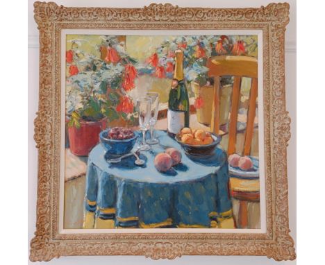 Edward Noott, RBSA (British b. 1963) Champagne on a garden table, oil on canvas, signed, 69 x 69 cmGood condition, bought by 