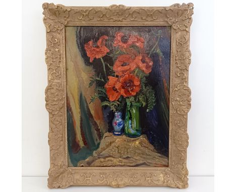 James Arundel, Still Life of Poppies, oil on board, signed, 75 x 54 cm, Beaux Art Gallery label verso