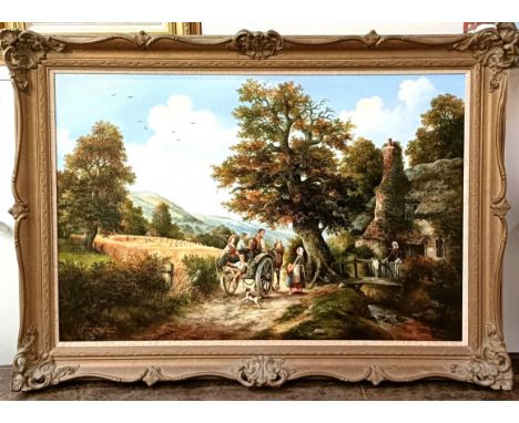 J Sinclair Jack, landscape with figures on a horse and cart, oil on canvas, 50 x 74 cm, Clare Black, figures in a doorway, 29