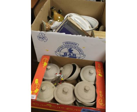 TWO TRAYS OF ASSORTED CHINA AND CERAMICS TO INCLUDE ROYAL WORCESTER EVESHAM, STONEWARE POTS, ETC 