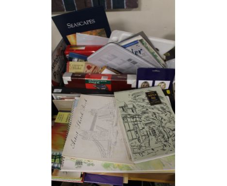 A QUANTITY OF WATERCOLOUR ACCESSORIES, TO INCLUDE SKETCH PADS, PAINT SETS, EASEL ETC