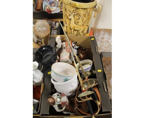 THREE TRAYS OF ASSORTED CHINA AND CERAMICS, TO INCLUDE DECORATIVE SWORDS, AYNSLEY, STICK STAND AND A ROYAL DOULTON CHARACTER 