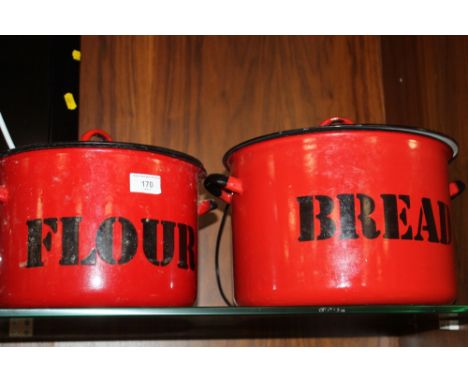TWO ENAMEL LIDDED BINS, BREAD AND FLOUR