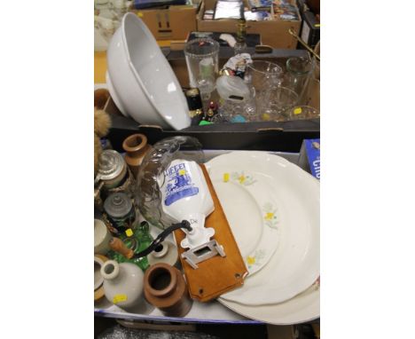 TWO TRAYS OF ASSORTED CHINA, CERAMICS AND GLASSWARE, TO INCLUDE A COFFEE GRINDER