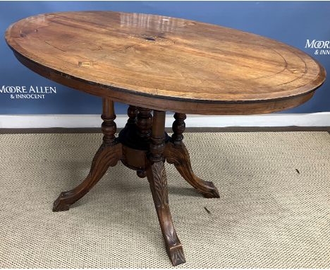 A Victorian walnut and inlaid oval loo table on cluster column quatrefoil base 103 cm x 71 cm x 72 cm high, a mahogany side t