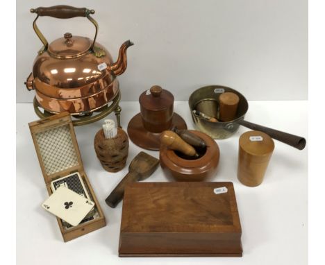 A collection of treen and metal wares to include a Tunbridge ware glass holder with Ilkley Bridge decoration, a further small