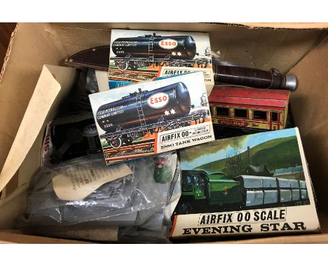 A box of sundry items to include a subsidiary box of O gauge railwayana, including silver painted play worn clockwork loco, v