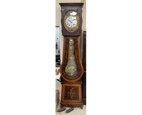 A 19th Century French Comptoise long case clock with painted and shallow carved decoration to the body, the white enamel dial