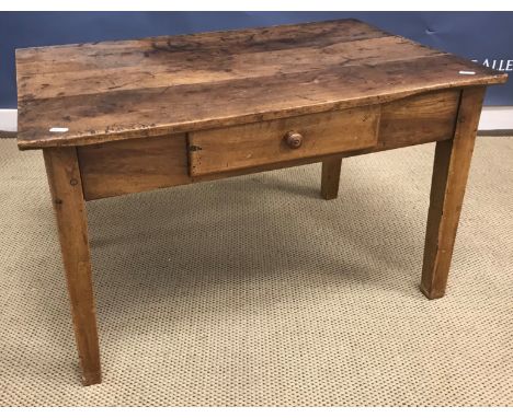 A 19th Century French farmhouse type fruitwood single drawer side table, the plank top above a single frieze drawer on square