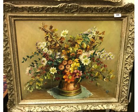 MARGARET SCALLION "Flowers in a coopered jug" a still life study, oil on board, monogrammed lower right 49 cm x 59 cm togethe