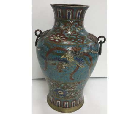 A Chinese cloisonne blue ground baluster shaped vase with central phoenix decoration within two floral and foliate bands, fla