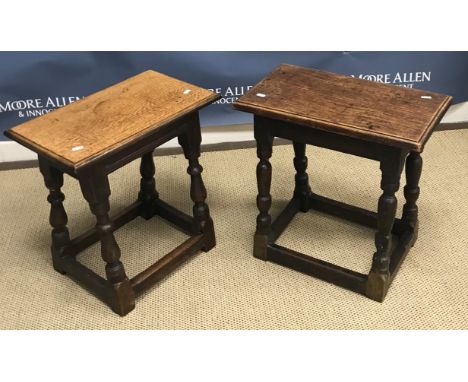 A joined oak stool in the 17th Century manner, the single piece top with moulded edge over a moulded frieze on turned and rin