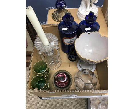 A collection of glassware to include two blue glass medicine bottles, one inscribed "Sry. Ficor. Co.", the other "Syr. Tolut.