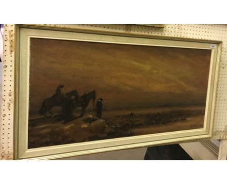 A.K?? "Study of horse riders in desert", oil on canvas, indistinctly signed lower right, 44 cm x 90 cm, DUNLOP "Rustic cottag