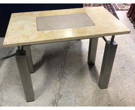 Two Sienna marble topped and polished steel single drawer work tables with suede covered glass panel to the centre of the top