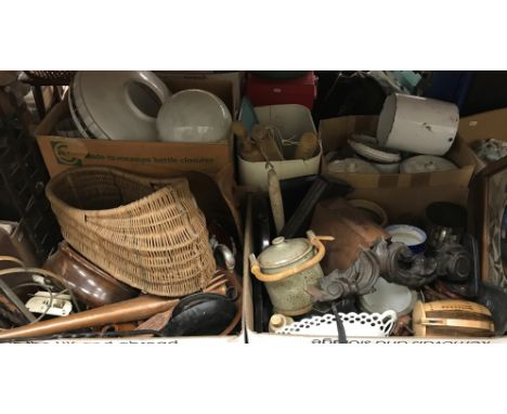 Eight boxes of assorted kitchenalia to include lidded enamelled storage jars, vintage lighting, vintage glass lamp shades, va