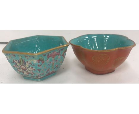 A 19th Century Chinese famille rose turquoise ground floral and foliate decorated hexagonal bowl, raised on a hexagonal raise