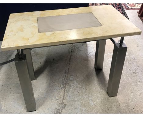 Two Sienna marble topped and polished steel single drawer work tables with suede covered glass panel to the centre of the top