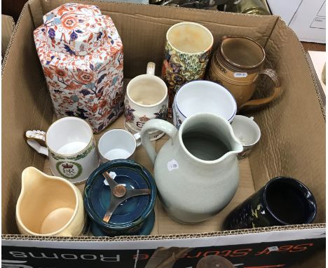 A box of assorted china to include an Art Nouveau pipe decorated tobacco jar, a Sylvac 'Cordon Brun' jug, various commemorati