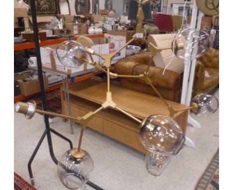 A modern multi-light ceiling lamp with glass shades (one missing) approx. size 150 cm x 150 cm, a pair of modern eight branch