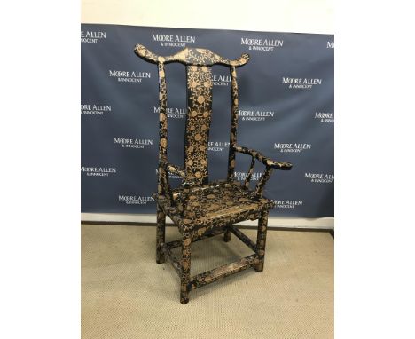 A Chinese ebonised pen work decorated scrolling floral and foliate design yoke back arm chair of large proportions, the shape