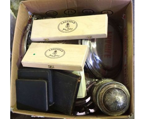 A box of of silver plated flatware and service ware, some by Languiole, including entree dishes (a lot)