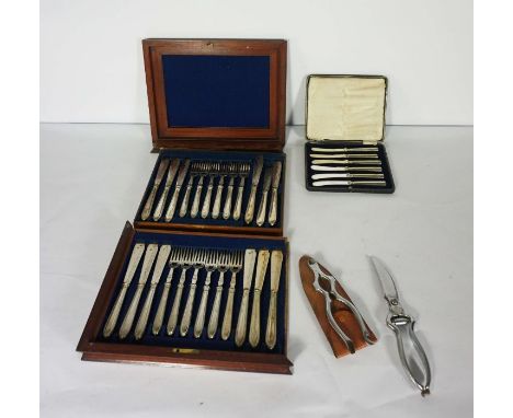 A cased set of six silver butter knives (loaded), together with a cased set of plated fish eaters, a pair of garden pruning s