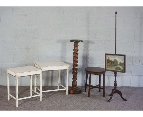 A George III style fire screen, with tripod base; together with two small painted tables, a stool and twist column torchere (