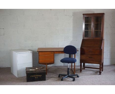 A group of office furniture, including an early 20th century bureau bookcase, a vintage desk, two drawer filing cabinet, desk