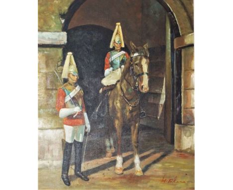 A Victorian coloured print; A posey of flowers; together with a painting of Household Cavalry , signed LR indistinctly: H Bla