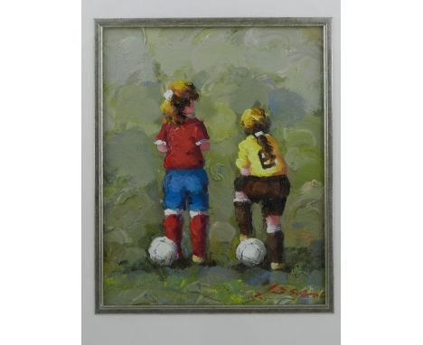 20th century Continental, Two Girls Playing Football, oil on board, signed Rosa lower right, 34 x 28cm.