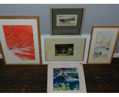 Late 19th century colour engraving, Recumbent Cat, 15 x 18cm, together with a small quantity of other pictures and prints, (q