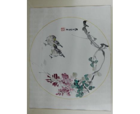 20th century Chinese school, two birds below blossoms, lithograph. H.37cm W.46cm