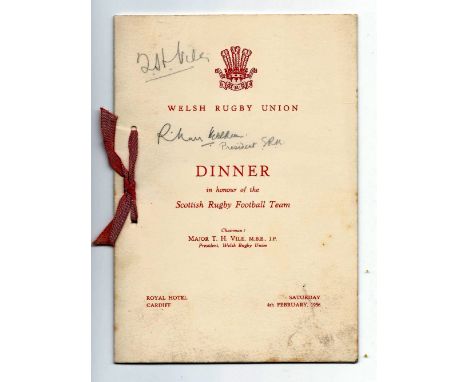 1956 Wales vs Scotland rugby signed dinner menu - held at The Royal Hotel Cardiff on Saturday 4th February and signed by Wels
