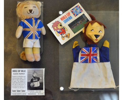 1966 World Cup Willie Mascot 20cm high approx. and a World Cup Willie glove puppet by Pelham in a plastic display case, measu
