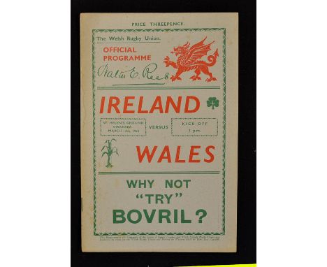 1938 Wales v Ireland rugby programme - played St Helen's Ground Swansea on 12th March very light pocket fold, some slight dis