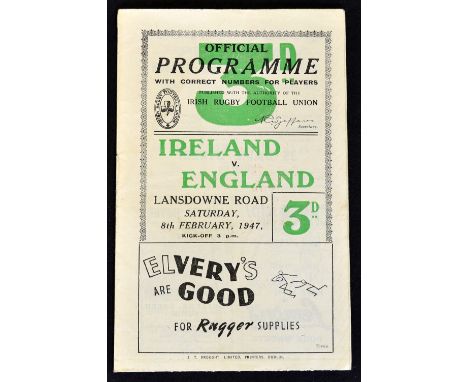 1947 Ireland v England (Champions) rugby programme - c/w partial newspaper report and team photo - played at Lansdowne Road w