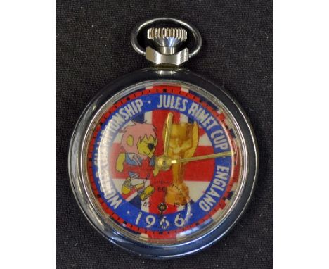 1966 Jules Rimet World Championship England Pocket Watch featuring World Cup Willie and the World Cup Trophy to the clock fac