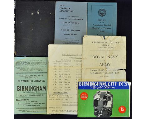 Selection of memorabilia to include FA XI v Army Physical Training Corps International Trial match dated 6 April 1946 FA play