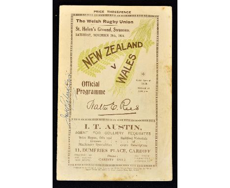 Rare 1924 Wales v New Zealand All Blacks Invincibles rugby signed programme - played at St. Helen's Ground Swansea on Saturda